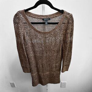 White House Black Market Brown Metallic Open Knit Tunic Sweater Sz M